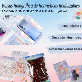 HITHOTMMA Bolsa Holográfica Multiusos,100PCS Bolsas de Herméticas Reutilizables, Bolsas de Almacenamiento,Pouch,Bolsa Ziplock Apta parapara almacenamiento de alimentos, Joyas, Cosméticos (7.5x12cm)