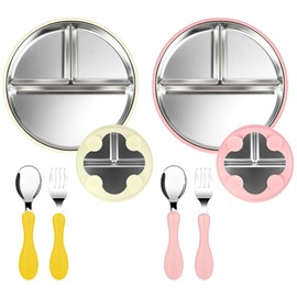 Vicloon Set of 2 Stainless Steel Baby Plates with Spoon and Fork, Children's Plate with Suction Cup, Non-Slip Baby Tray with Three Compartments, BPA-Free, Dishwasher Safe (Round Cream White/Pink)