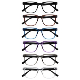 OPULIZE LEO Reading Glasses - 6-Pack - Large Rectangular Frame - Black, Brown, Blue, Purple, Grey, Clear - Mens Womens - Spring Hinges - RRRRRR55-12357C - +3.50
