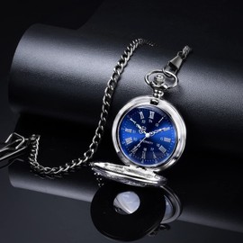 BOSHIYA Vintage Men's Pocket Watch with Chain Unique Blue/Green Roman Numerals Dial Analogue Quartz Pocket Watch for Men Black/Silver, Silver case, blue dial, vintage