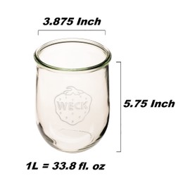 Weck Tulip Jar - Sour Dough Starter Jars for Sourdough - 1 x WECK 745 Large Clear Jar with Wide Mouth - 1 Liter Includes Glass Lid, rubber seal and steel clips