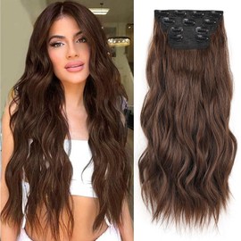 ZRQ Clip in Hair Extensions for Women, Chestnut Brown 20 Inch 4PCS Hair Extensions Clip Ins Soft Hair Pieces for Women Thick Long Wavy Hair Extensions #9