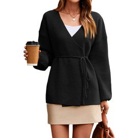 Saodimallsu Womens Wrap V Neck Cardigan Sweaters Tie Front Long Sleeve Soft Knit Dressy Work Fall Sweater Blazer Black