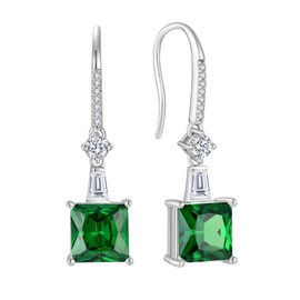 Raymard 925 Sterling Silver 8MM Square Birthstone Earrings, CZ Dainty Dangle Fish Hook Solitaire Earrings for Women Jewelry Gifts-Created Emerald