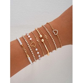 Women's Faux Pearl & Hollow Out Heart Design Bracelets, Open Bangle Bracelet, Simple Design Beaded Matching Bracelet, Party, Daily Clothing Decor, Birthday Gift