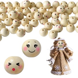Ycaaeo Pack of 60 Wooden Beads, 25 mm, Wooden Beads with Face, Smile Face Wooden Beads, Natural Round Wooden Balls with Hole, Craft Beads for Jewellery, Bracelet, Necklace, DIY Crafts, Worry Worms