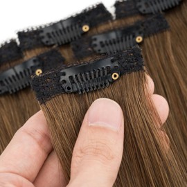 TESS Clip in Hair Extensions 100% Human Hair Lace Weft Natural Straight Add Volume 6 Pcs 6 Clips, 18 Inch, Chocolate Brown