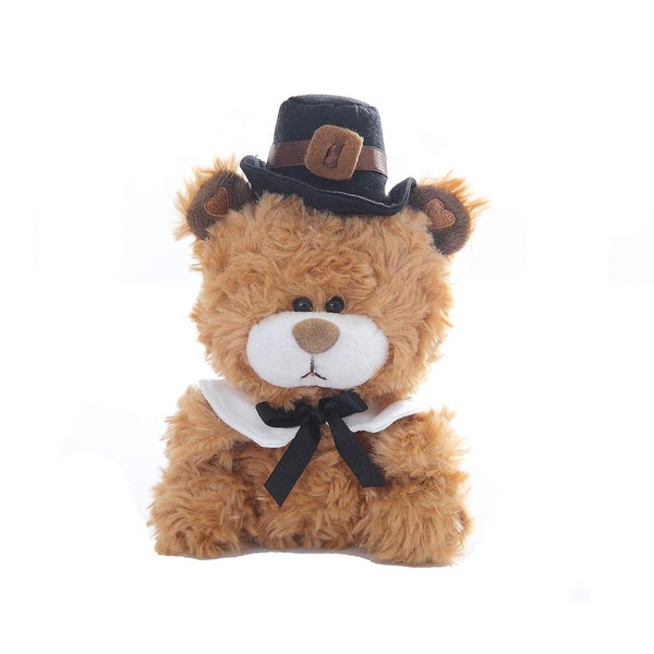 Plushland Stuffed Qbeba Pilgrim Bear – with Cute Hat and Collar – Plush Stuffed Toy for Kids on Thanksgiving Day – 6 Inches (Brown)