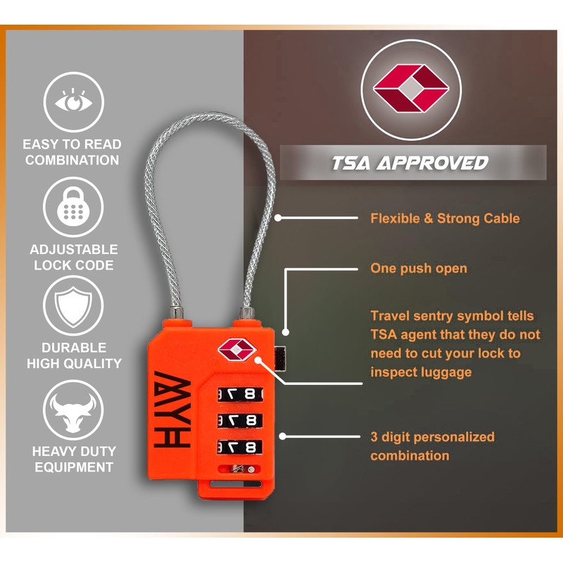 MYH Luggage Padlocks (2X Orange, Combination Lock)