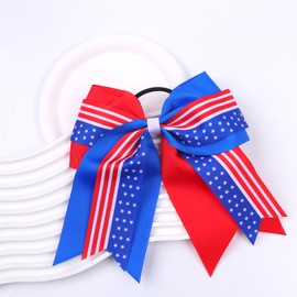 2 Pack American Flag Hair Ties Independence Day 4th of July Cheer Bows Red White Blue Star 8 Inch Patriotic Hair Tie Memorial Day Ribbon Hair Bows for Women Girls