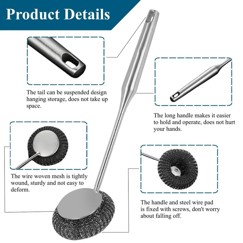 PXIRQ Stainless Steel Scrubber with 13.78" Metal Handle - Includes