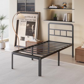 Yicensen 16 Inch Twin Bed Frames with Headboard, Heavy Duty Metal Twin Size Platform Bed Frame with Rounded Corner Legs, No Box Spring Needed, Noise Free, Easy Assembly, Black