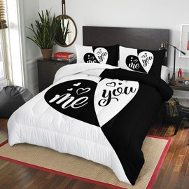AILONEN Black White Comforter Set Queen Size, Me and You Couples Romantic Valentine Bedding Set Decor,Heart Shaped Splicing Soft and Comfortable Quilt Set All Season(1 Comforter+ 2 Pillowcases)