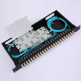 LC-OM3 Multimode Fiber Enclosure - 24 Duplex, 48 Port Rack Mount Box for 19" Racks - 1 RU with LC-UPC Kit, 2 Splice Trays, 48 Strand Pigtail Cables, and LGX Patch Panel