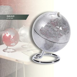 13 cm Diameter Globe - GALILEI - Chrome Plated Ring Shaped Metal Base - Movable Axis - Silver - TROIKA Original