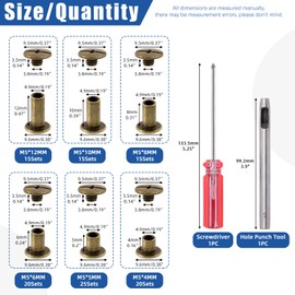 Glarks 110 Sets 6 Sizes Chicago Screws Leather Rivets with Punch and Screwdriver Kit, M5 x 4/5/6/8/10/12mm Chicago Button Binding Post Screw Nail Rivets for DIY Leather Craft Bookbinding (Gold)