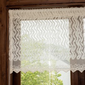 White Ruffle Lace Valance for Windows 20 Inch Length 1 Panel Shabby Chic Cascading Ruffles Sheer Valance Curtains for Kitchen Window, Rod Pocket Privacy Embroidered Scalloped Short Curtain, 50x20 Inch