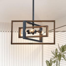 Avzkcy Black Chandelier, 3-Light Farmhouse Rectangular Ceiling Lighting Fixtures, 16" Faux-Wood Metal Pendant Light Height Adjustable for Foyer, Entryway, Kitchen, Dining Room