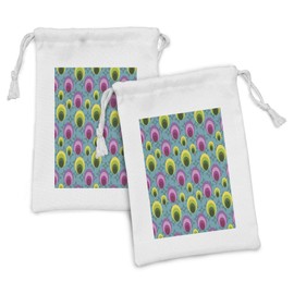 Ambesonne Colorful Fabric Pouch Set of 2, Abstract Illustration Along Concentric Oval Shapes on Geometric Blue Background, Small Drawstring Bag for Toiletries Masks and Favors, 9" x 6", Multicolor