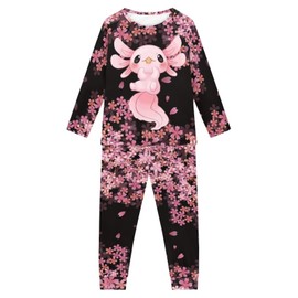 xixirimido Axolotl Cherry Blossom Girls' Sleepsuit Set 2pcs Nightgown Pajamas Long Sleeve Pockets Soft Casual Family Sleepwear