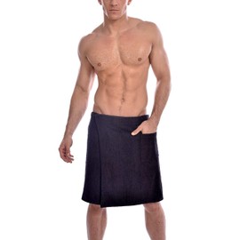 Gary Majdell Sport Men's Soft Cotton Knit Terry Cloth Spa and Bath Towel Wrap with Pocket, Black