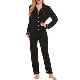 Ekouaer Women's Sleepwear Soft Knit Sleepwear Button Down Loungewear Set (Black,L)