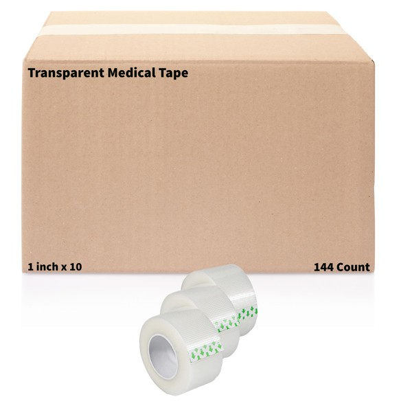 Transparent Medical Tape [144 Rolls] Clear Surgical First Aid Bandage Tape for Wound Dressing Care - 1 inch x 10 Yds Breathable Latex Free (144)