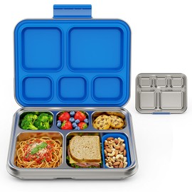 Pawtong Stainless Steel Lunch Box, 5-Compartment Bento Lunch Box for Kids & Adults,Metal Lunch Box with Removable Silicone Container, Lunch Box Containers for School,Office (Blue)