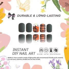 Short Press on Nails Square MABKJLF Fake Nails Fall False Nails with Pumpkin Plaid Designs Full Cover Matte Glue on Nail Autumn Acrylic Nail for Women Girls 24Pcs