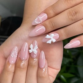 French Tip False Nails - 24Pcs Pink Press on Nails with Bow Heart Designs - Glossy Almond Fake Nails with Glue - Reusable Acrylic Stick On nails for Nail Art DIY