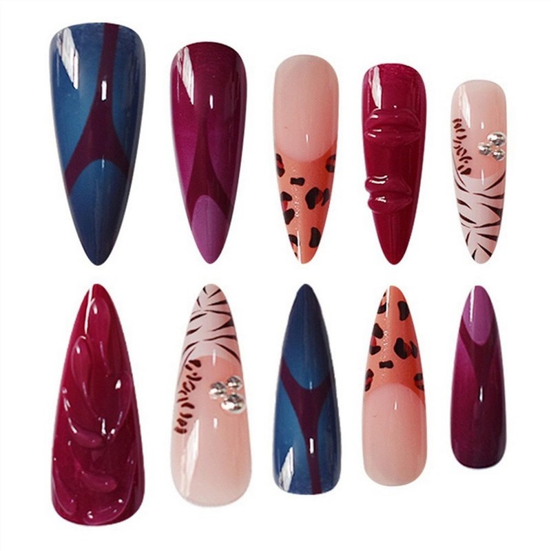 Press on Nails Almond Medium French Tip Fake Nails 3D