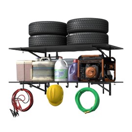 2 Pack Heavy Duty Garage Wall Shelves, 2x4Ft Organization System Garage Storage Rack, Wall Mount Storage Shelf with Hooks, Car Shelving Wall Mounted Carport for Shop, Holds 200 Lbs Each