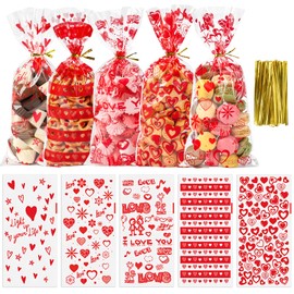Mauproy 100Pcs Valentines Treat Bags, 10.6 x 4.8 Inches Valentines Cellophane Candy Bags, 5 Styles Red Goodie Bags Gift Bags Bulk with 110Pcs Twist Ties for Cookies, Snacks, Party Favor Supplies
