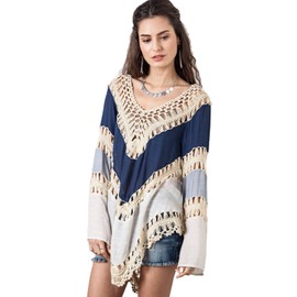 Vanbuy Women’s Boho V Neck Crochet Tunic Tops Blouse Hippie Peasant Shirt Hollow Out Beach Cover up Z01-Blue