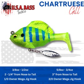 USA Bass Tackle - Hand Poured Underspin Gill - Weedless Gilly Paddletail Sleeper Swimbait with Bass-Tech Soft Plastic & Owner Mega Jig Hook Largemouth Smallmouth Spotted Bass (3/4, Gill)