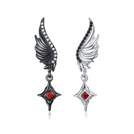 OHAYOO Angel and Devil Stud Earrings 925 Sterling Silver Black and White Wings Drop Dangle Earrings with Garnet Stone Angle Wings Gothic Jewelry Gifts for Women, 28mm X7mm, Sterling Silver, Cubic