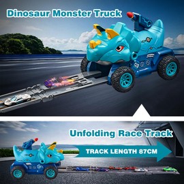 PIAUSC Dinosaur Toys for Kids 3 4 5 6 7 8 Years Old Boy Toddler, Foldable Track with 6 Die-Cast Metal Toy Cars and Missile Launcher, Suitable for Kids Boy Birthday Gift