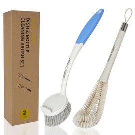 BRUSH FAMILY 2 Pack Kitchen Brush Set with Dish Brush and 2-in-1 Bottle Brush, Bottle Brush Cleaner with Long Handle, Dish Scrub Brush with Scraper Tip for Water Bottle, Cups, Pans, Wok, Baby Bottles