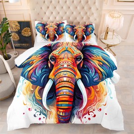 AUCOOMA Hand Painted Elephant Print Comforter Set Queen,Comforter with 2 Pillowcases,Hand Painted Elephant Print Comforter,All Season Use Bedding Set for Kids Boys Teens