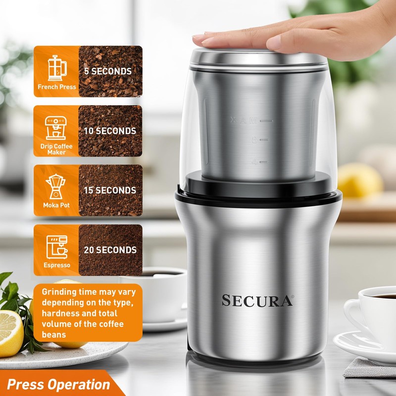 Secura Electric Coffee Grinder and Spice Grinder with 2 Stainless
