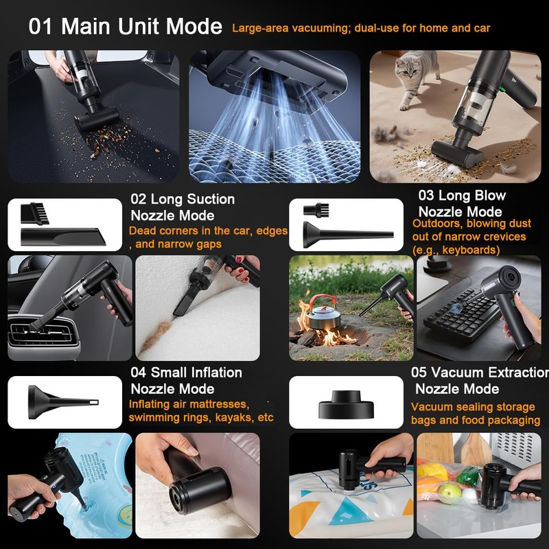 Handheld Car Vacuum Cordless Interior Cleaner, 20000Pa Suction & Air