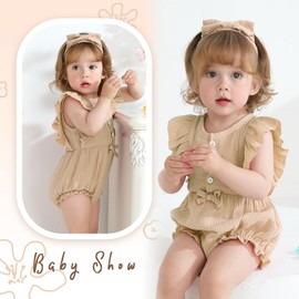 Happy Town Newborn Baby Girl Summer Clothes Infant Linen Romper Ruffle Sleeve Baby Girl Jumpsuit Outfits (Khaki, 6-12 Months)