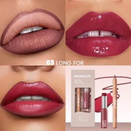 2Pcs Lip Liner and Lipstick Combo, Highly Pigmented Lip Liner and Lipstick Set for women, Long Lasting Matte Lip Liner and Hydrating Lip Balm Lip Gloss Makeup Kits with Sharpener