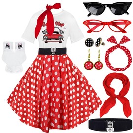 VillbeCoser 10 Pcs Sock Hop Outfits Women, 1950s Poodle Skirts, T-Shirt with 50s Accessories Socks Scarf Headband Belt Earring (RedDots-L)