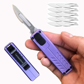Automatic Utility Knife, Safety Black Box Cutter Retractable, EDC Push Button Knife, Exacto Scalpel Knife, 10PCS #23 Razor Blades Pocket Knife with Clip (Purple)