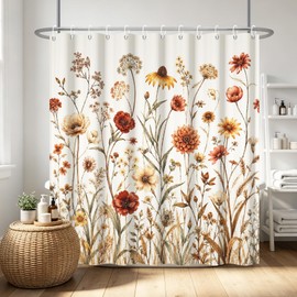 Vintage Wildflower Shower Curtain, Retro Terracotta Daisy Poppy Botanical Waterproof Bathroom Curtain, Cream Background Floral Fabric Bath Curtain, Set with 12 Hooks 72"x72"
