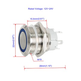 Ohamtes Latching Push Button Switch 12V 24V Waterproof Stainless Steel Metal 3/4" Mounting Hole Blue LED SPST Switch for Electrical Equipment, 2 Pcs, Flat Round