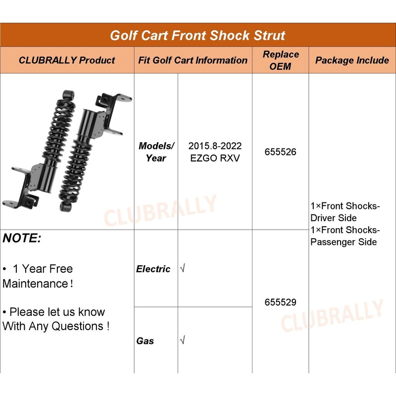CLUBRALLY Golf Cart Front Shock Strut Assembly for 2015.8-2022 EZGO