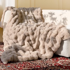 Ultra Soft Cozy Faux Fur Throw Blanket, Fuzzy Plush Thick Bubble Blanket, Oversize Luxury Fluffy Blanket for Couch, Bed, and Living Room, 50x60 Inches, Light Brown