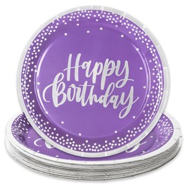 JarThenaAMCS Happy Birthday Purple Silver Foil Paper Plate Disposable Dessert Plate 7 Inch Lavender Dinnerware Plate For Birthday Party Supplies Table Decor, 24Pcs